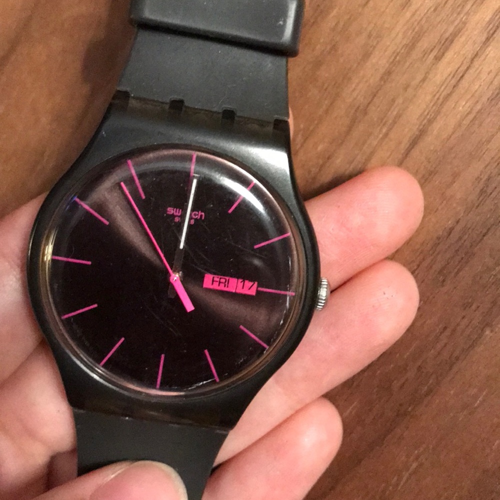 Black/grey swatch watch with pink accents